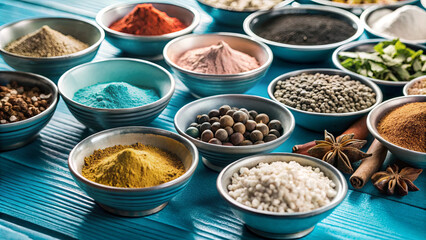 Fototapeta premium Various spices are neatly displayed in small bowls, arranged on a bright blue wooden surface. Each bowl features a different color and texture, representing culinary traditions