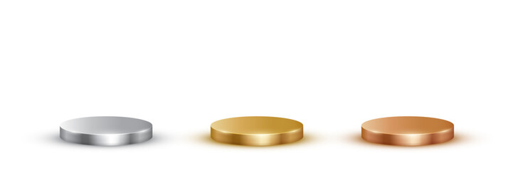 Gold, silver, bronze podiums for awards or product display vector illustration set. Empty 3d metal stages on white background. Luxury elegant platforms for winners ceremony, champions pedestals.