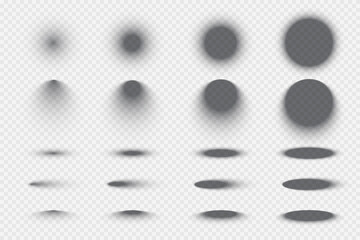 Round and oval objects with shadows. Gray circle shades on floor or wall surface. Different circle templates with shadow effect. Vector set isolated on transparent.