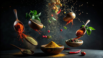 A collection of fresh herbs and various spices swirl through the air against a dark backdrop, highlighting their rich textures and vivid colors, perfect for cooking enthusiasts