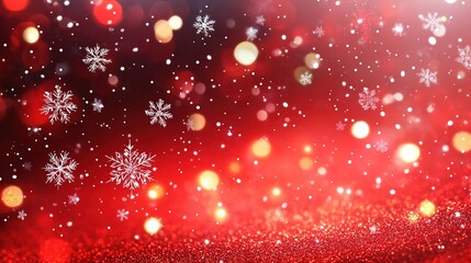 Glittering Red Christmas Background with Snowflakes and Lights for a Merry Christmas Banner