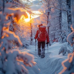 A hiker traverses a winter wonderland, surrounded by snow-covered trees and a stunning sunset.