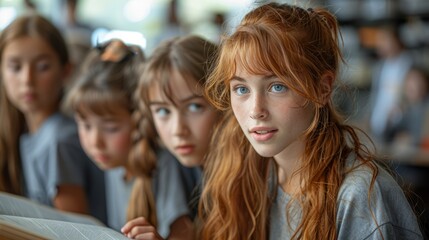 Obraz premium Engulfed in an academic environment, young women show remarkable dedication and focus in their class, demonstrating the essence of school learning.