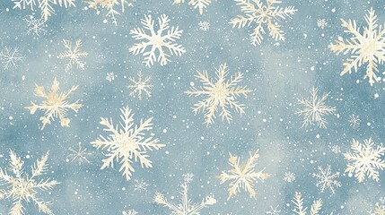   A blue and gold snowflake background with white snowflakes on a light blue background with white snowflakes