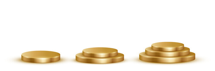 Gold podium for awards or product display vector illustration set. Empty 3d golden stages on white background. Luxury elegant platforms for cosmetics presentation, ceremony pedestals for winners.