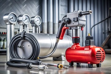 Pneumatic Leak Testing System with Pressure Gauges. A close-up shot of a professional plastic welding tool kit, featuring an air compressor, welding gun, pressure gauges, and hoses.