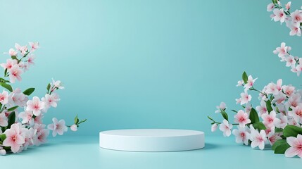 A blue background with a white flower design and pink flowers