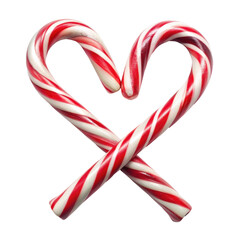 Two red and white candy canes crossed to form a heart shape, representing love and holiday cheer....