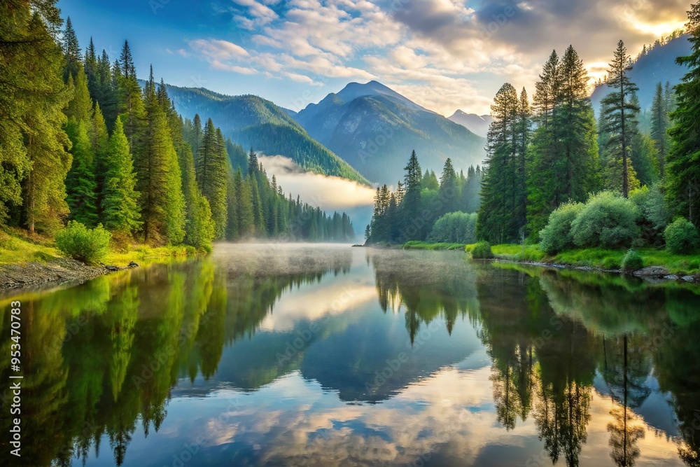 Wall mural scenic morning view of mountains, river, and forest