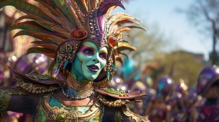 Fototapeta premium Celebrate Mardi Gras with a vibrant portrayal of a girl in a carnival costume and mask, contributing to the colorful energy of the sunny day parade.