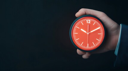 A close-up of a hand holding a round red clock displaying the time in front of a dark background, signifying punctuality and time management.