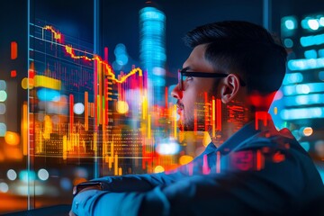 A professional analyzing economic data with charts and graphs at night, showcasing modern finance and technology integration.