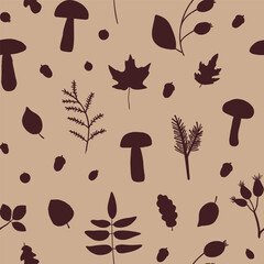 Vector seamless pattern with branches, mushrooms and leaves on brown background. For wallpapers, fall decoration, invitation card, fabric, textile, linen print, kitchen towels, jotter cover.