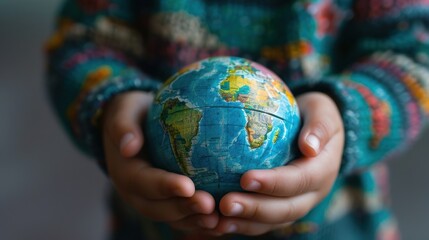 Children's hands hold a globe with visible continents and oceans, embodying the message of world peace, environmental care and love for the planet.