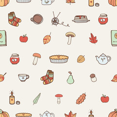 Cute seamless pattern with autumn items pumpkin, apple, pie, mushroom, socks, leaves. For fall decoration, autumn fest invitations, fabric, kitchen textile and cover print, gift and wrapping paper.