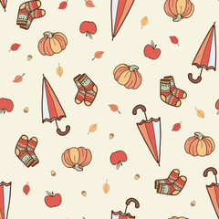 Cozy seamless pattern with autumn items pumpkin, umbrella, socks, leaves. For fall decoration, autumn fest invitations, fabric, kitchen textile and cover print, gift and wrapping paper.