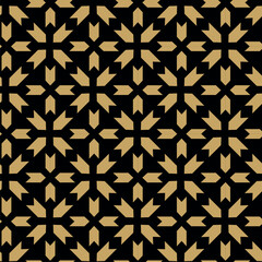 Abstract geometric pattern with crosses, stripes, lines. Seamless vector background. Black and gold ornament. Modern reticulated graphic design.