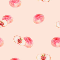 A wonderfully watercolor seamless pattern background featuring fresh and juicy peaches