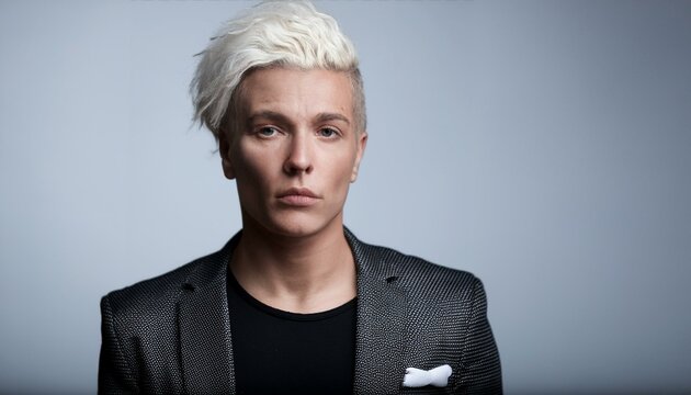 Attractive gay man in a suit posing isolated on grey background with copy space.