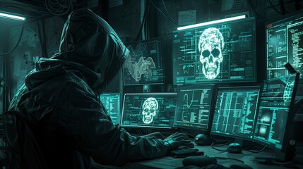 Dark, dramatic scene of a hacker in a hood, working on multiple monitors in a dimly lit room filled with cyber screens.