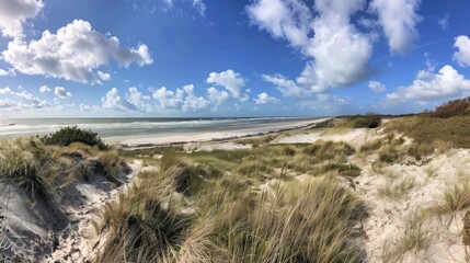 A beach with a cloudy sky and a few people walking on the sand