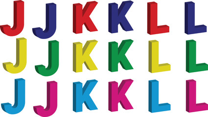 3d alphabets J K and L red blue yellow sky blue pink green isolated on transparent white bkackground