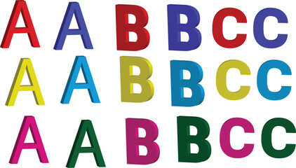 3d alphabets A B and C red blue yellow sky blue pink green isolated on transparent white bkackground