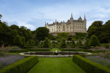 Panorama of the castle of Dunrobin and magnificent gardens at the foot of the castle, Scotland.