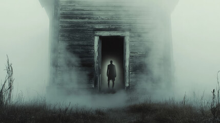 A ghostly figure stands ominously in the doorway of an old, neglected house, surrounded by dense fog, creating a spine-chilling scene perfect for enhancing eerie designs.
