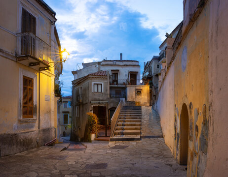 The beautiful old town of Arcella in Italy during blue hour.