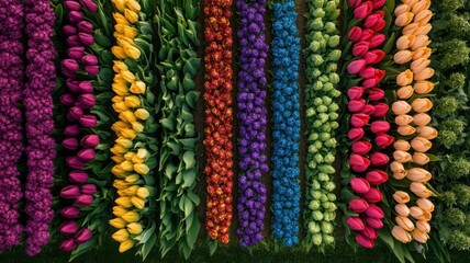 A stunning aerial view of vibrant, multicolored tulip rows in full bloom, creating a mesmerizing pattern in a lush green field.