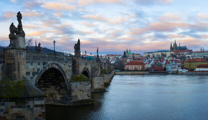 Sunrise on Charles bridge in Prague, Czech Republic 