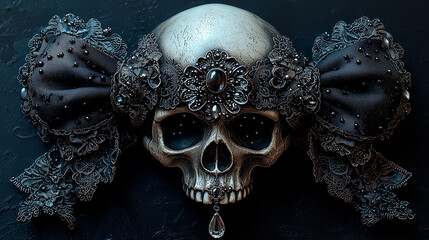 Gothic Skull with Black Roses and Ornate Jewelry - Dark Artistic Expression