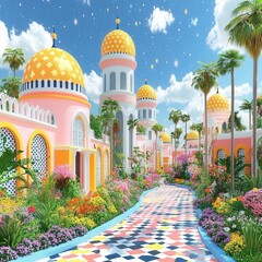 Obraz premium A vibrant, whimsical garden pathway with colorful domed architecture under a blue sky