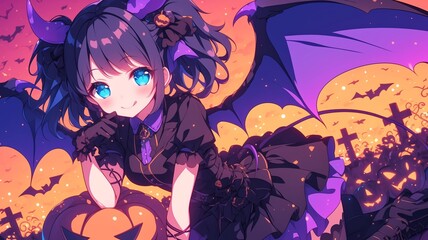 ハロウィンのコスプレをしたアニメ調の美少女