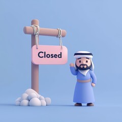 Fototapeta premium 3D Render of Arab Man with Hanging Closed Sign
