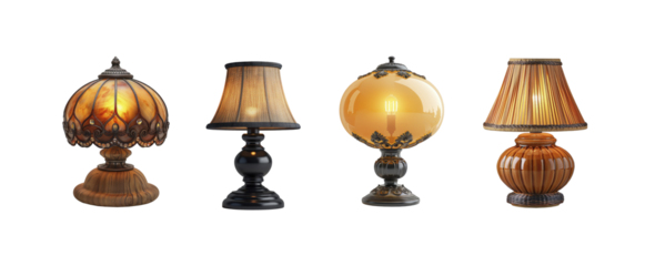 Set of four vintage table lamps with various designs on white background
