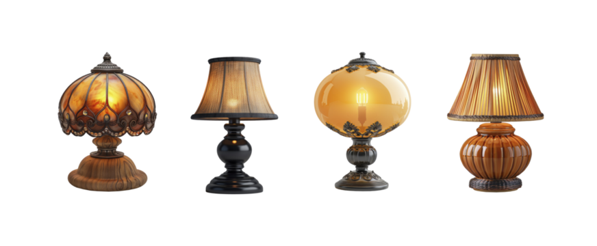 Set of four vintage table lamps with various designs on white background