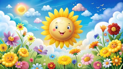 Vibrant sunny day illustration featuring smiling yellow sun, fluffy white clouds, and colorful...