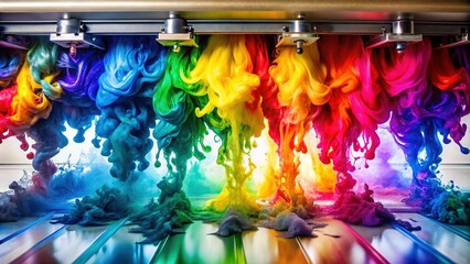 Vibrant swatches of colorful ink flowing from a printer's nozzles, creating a kaleidoscope of hues on white paper, showcasing precise color calibration and registration alignment.