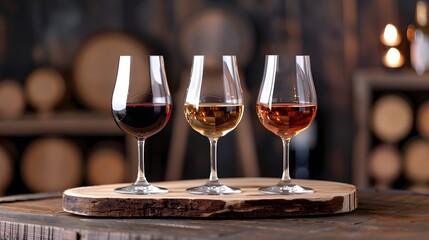 Obraz premium Exquisite Wine Flight Display with Variety of Glasses Showcasing Tasting Experience