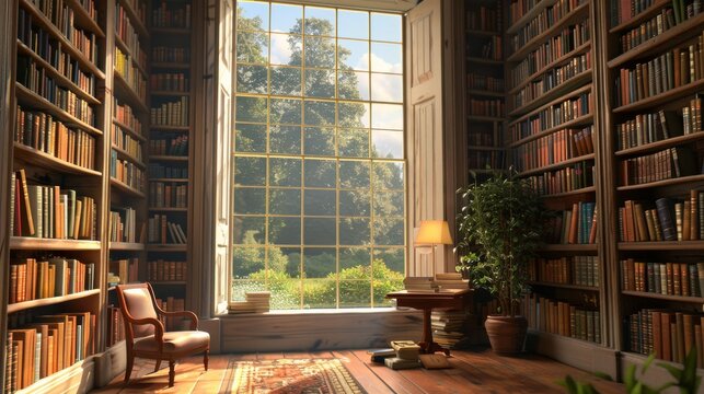 ome library in an early 20th century English mansion with a large window, sunny day, meadows, summer 