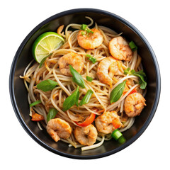 Pad thai on black bowl top view isolated on transparent background