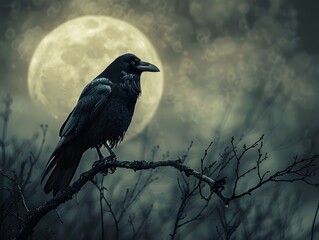 Fototapeta premium Eerie Black Raven Perched on Bare Branch Under Full Moon Representing Ominous and Mysterious Atmosphere