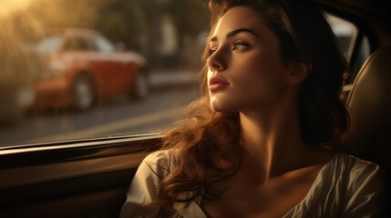 A woman with red hair sits in the backseat of a car, looking out the window. The sun shines on her face as she looks into the distance.