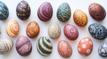 Intricately designed Easter eggs arranged in a spiral pattern on a white background, showcasing beautiful hand-painted artwork