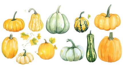 Watercolor Style Pumpkins and Gourds in Various Sizes and Shades of Orange, Green, White, and Yellow, Isolated on a White Background, Detailed Clipart Design Perfect for Halloween and Autumn Themes