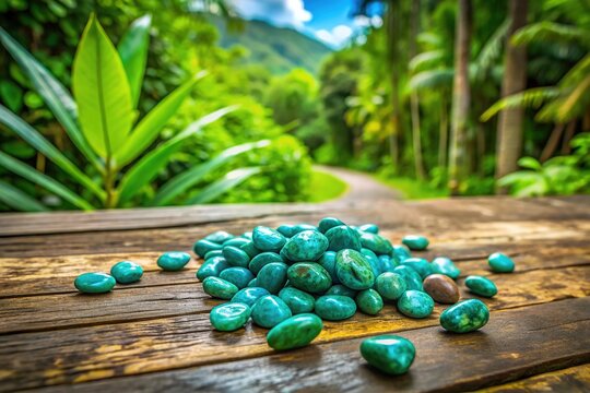 Vibrant turquoise canga stones scattered on a weathered wooden table, surrounded by lush greenery, evoking a sense of tropical serenity and natural beauty.