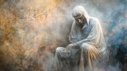 Obraz premium Transparent abstract depiction of homeless life, with a dynamic naturistic background that contrasts despair with a glimmer of hope