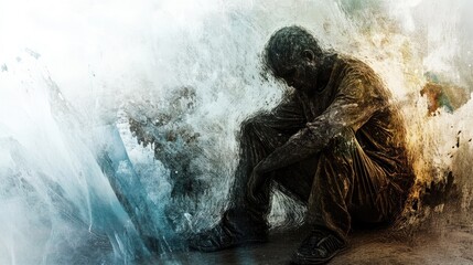 Obraz premium Transparent abstract depiction of homeless life, with a dynamic naturistic background that contrasts despair with a glimmer of hope